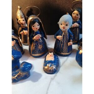 14 Piece Mexican Folk Art Christmas Nativity Set Handpainted Blue Gold
